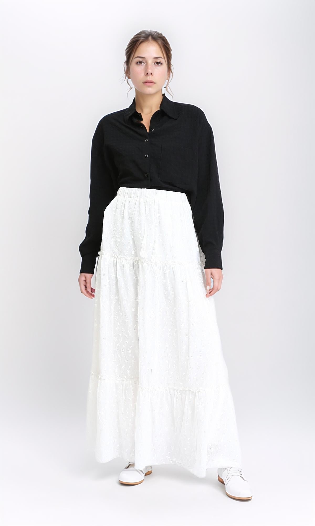 R209107 - Self Pattern Slip On Maxi Skirt - White