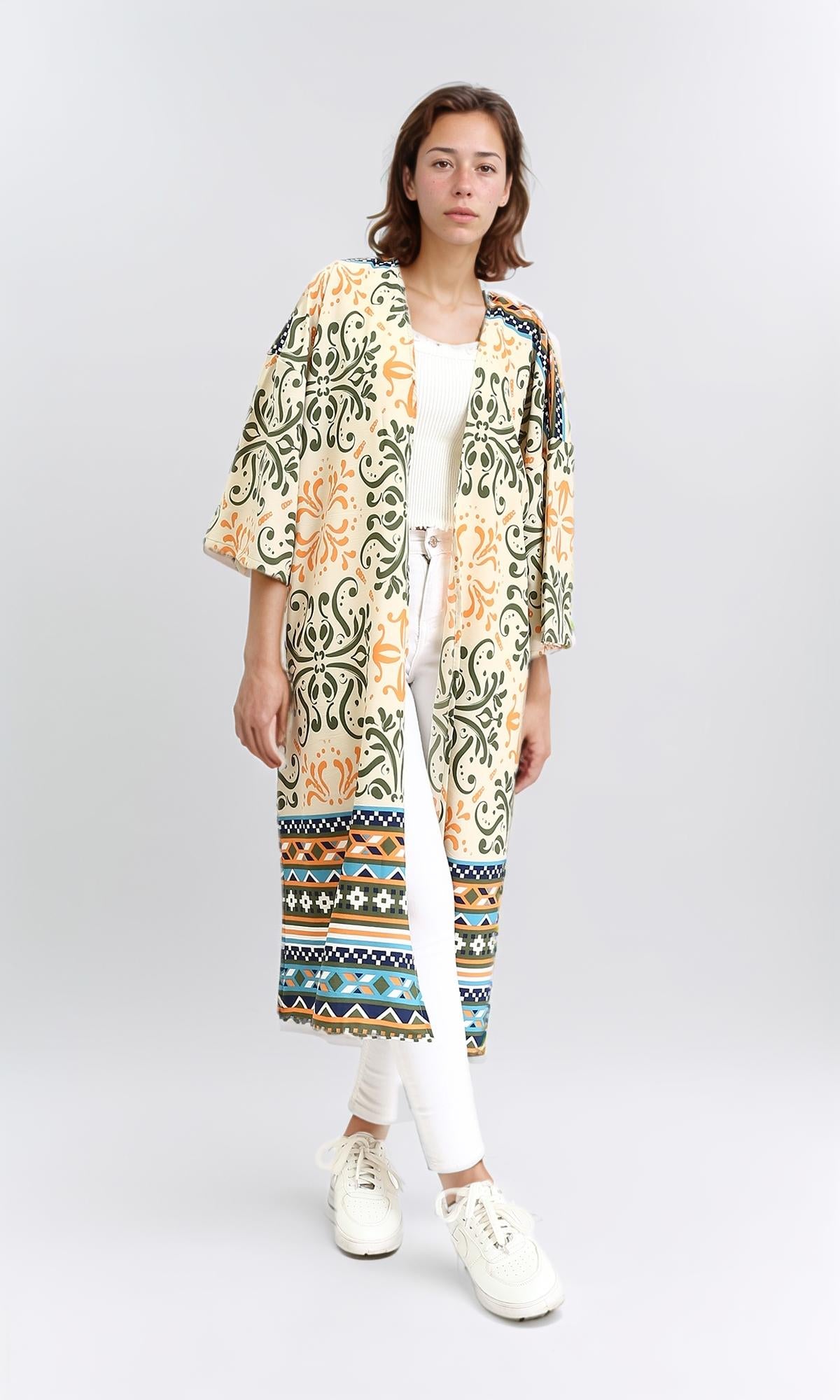 R209109 - Colorful Slip On Summer Cardigan - Olive & Orange