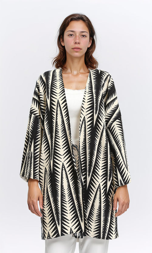 R209111 - Open Neckline Summer Cardigan - Black & Beige