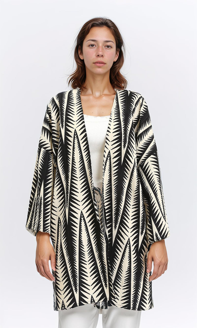 R209111 - Open Neckline Summer Cardigan - Black & Beige