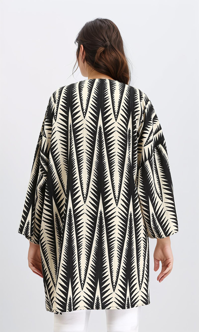 R209111 - Open Neckline Summer Cardigan - Black & Beige