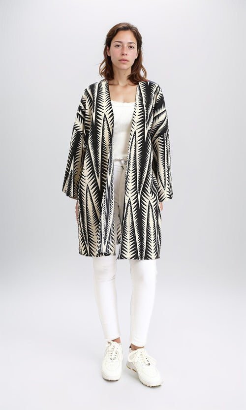 R209111 - Open Neckline Summer Cardigan - Black & Beige