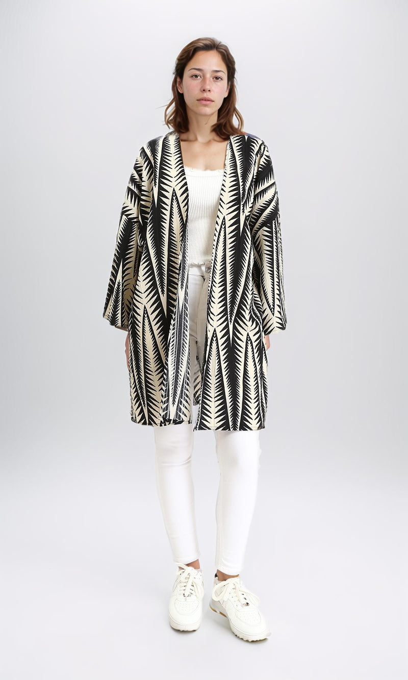 R209111 - Open Neckline Summer Cardigan - Black & Beige