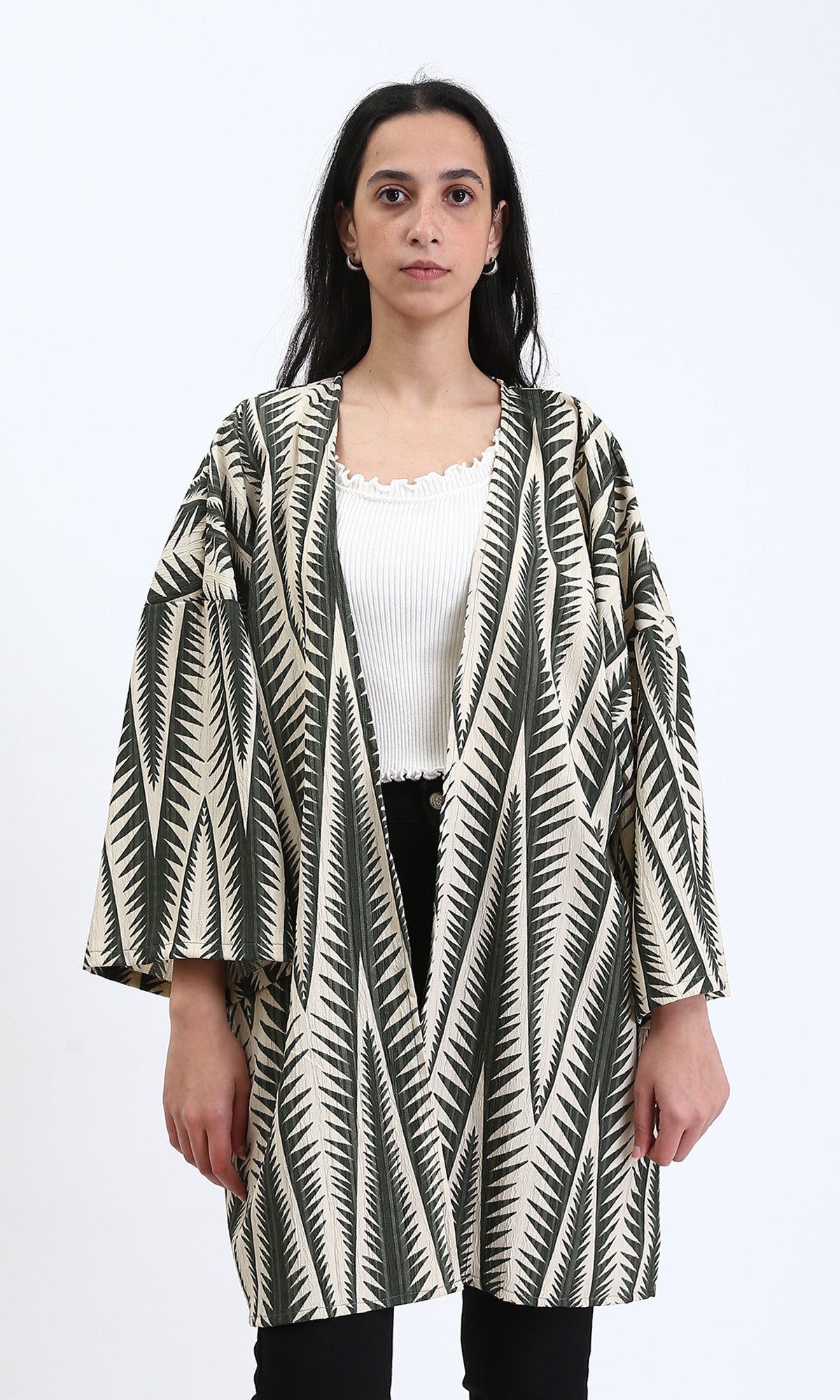 Open Neckline Summer Cardigan - Dark Olive & Beige