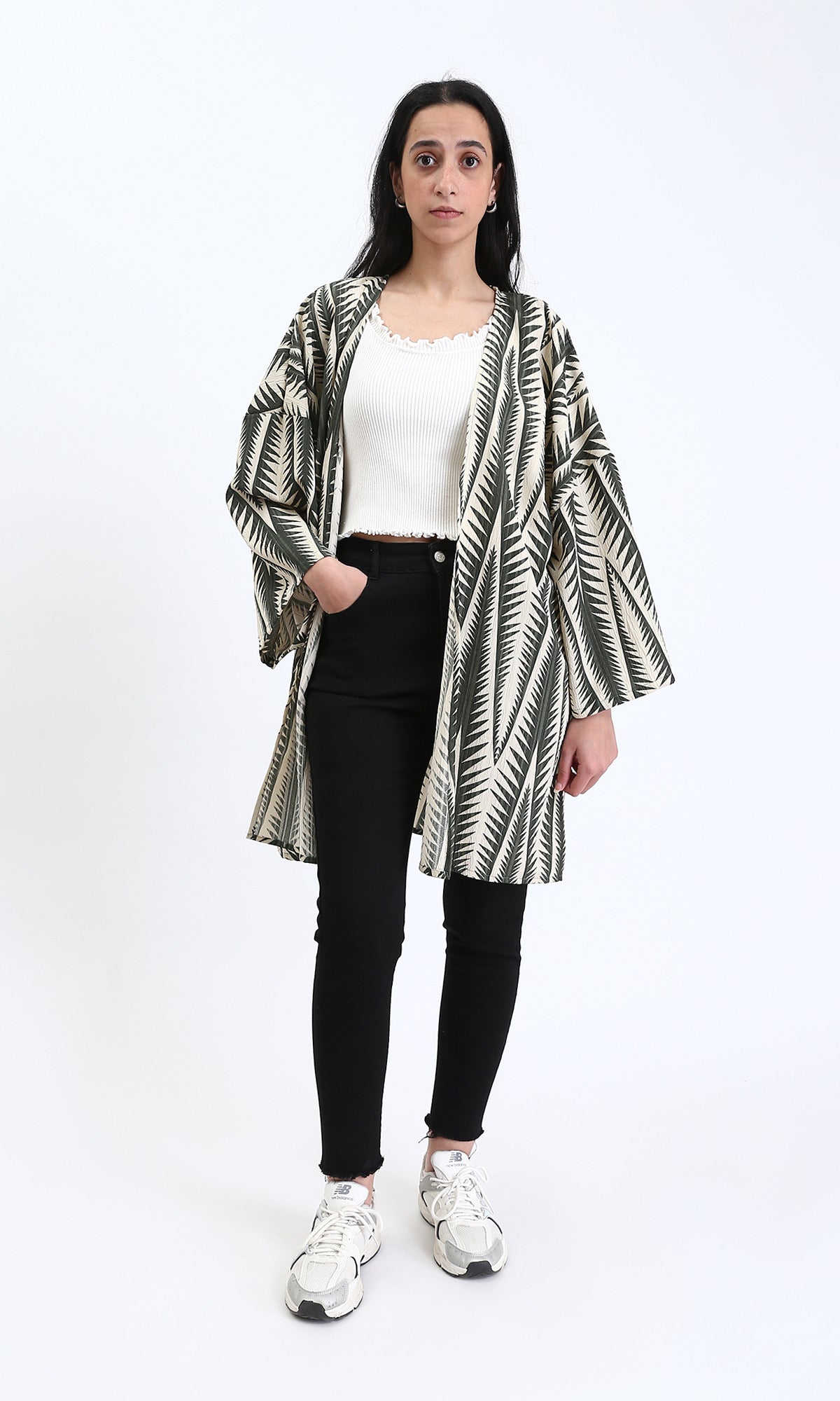 R209112 - Open Neckline Summer Cardigan - Dark Olive & Beige