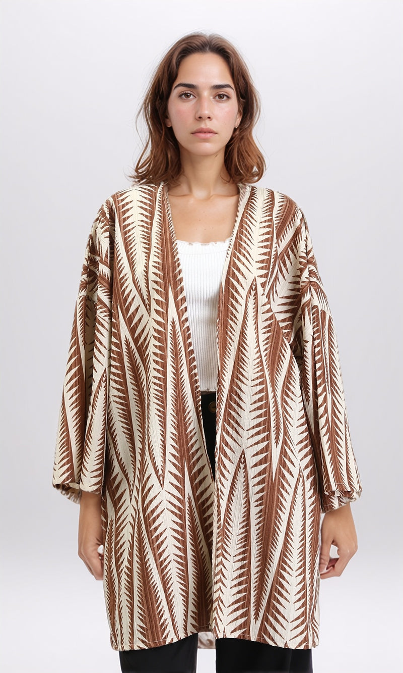 R209113 - Open Neckline Summer Cardigan - Brown & Beige