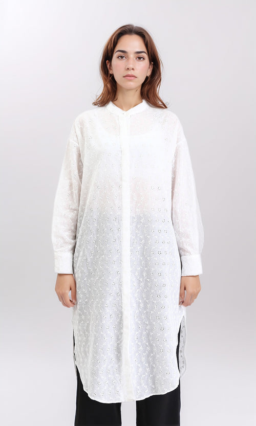 R209114 - Self Pattern Shirt with Mandarin Collar - White