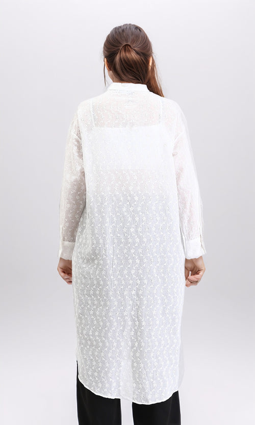 R209114 - Self Pattern Shirt with Mandarin Collar - White