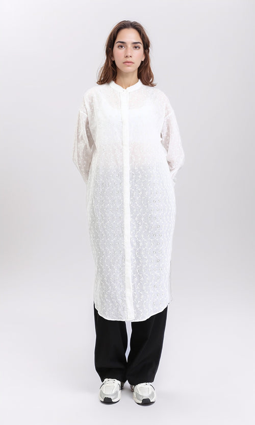 R209114 - Self Pattern Shirt with Mandarin Collar - White