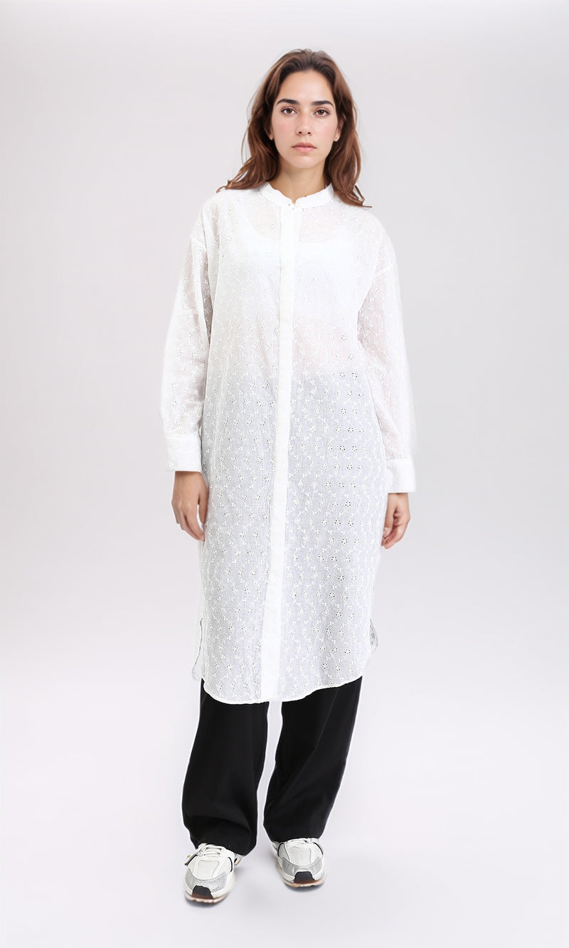 R209114 - Self Pattern Shirt with Mandarin Collar - White