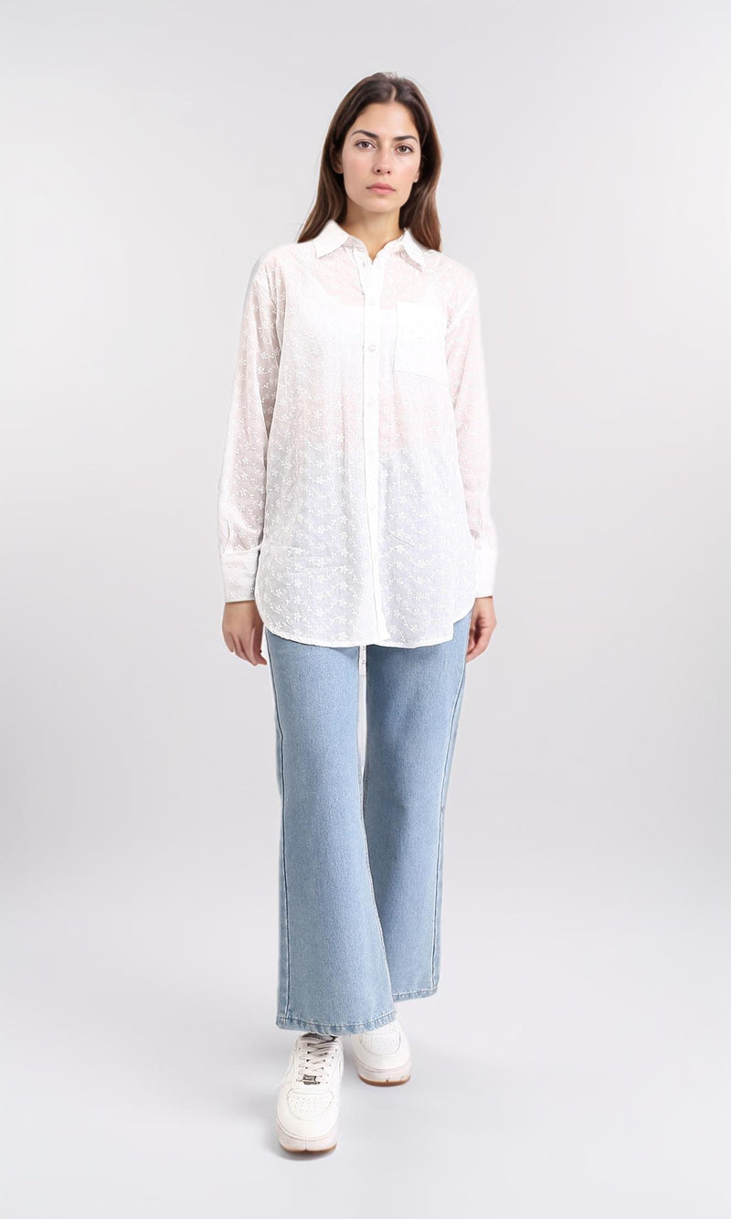 R209116 - Self Pattern Buttoned Long Shirt - White