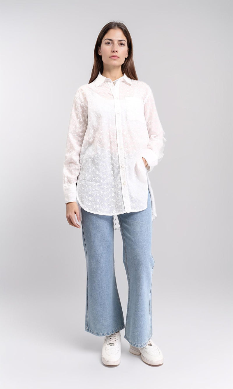 R209116 - Self Pattern Buttoned Long Shirt - White