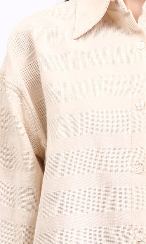R209120 - Self Striped Cotton Summer Shirt - Light Beige