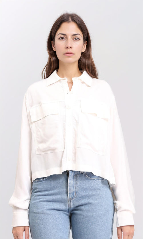 R209121 - Solid Short Shirt with Front Pockets - Off-White