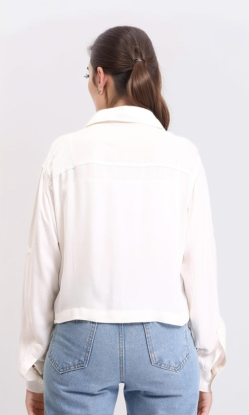 R209121 - Solid Short Shirt with Front Pockets - Off-White