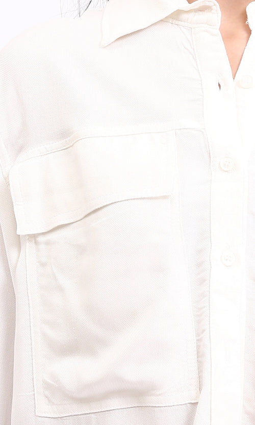 R209121 - Solid Short Shirt with Front Pockets - Off-White