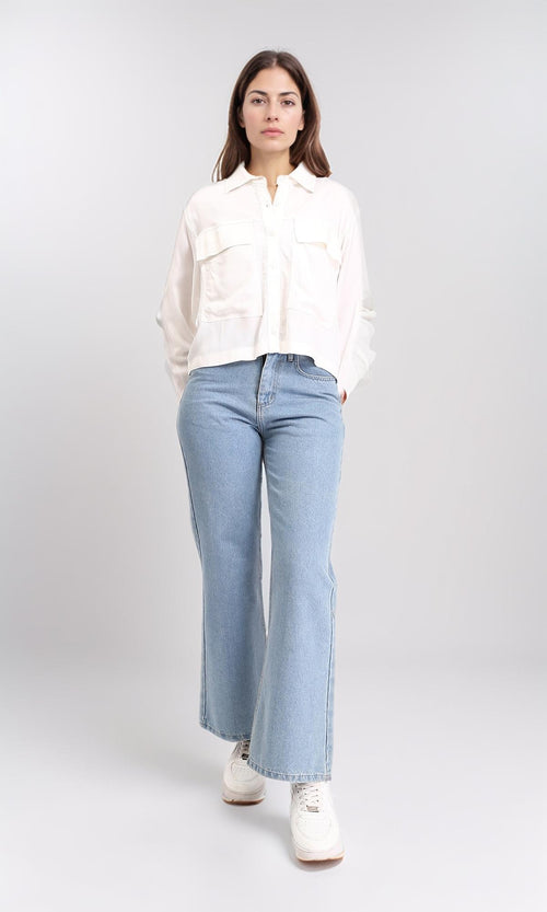R209121 - Solid Short Shirt with Front Pockets - Off-White