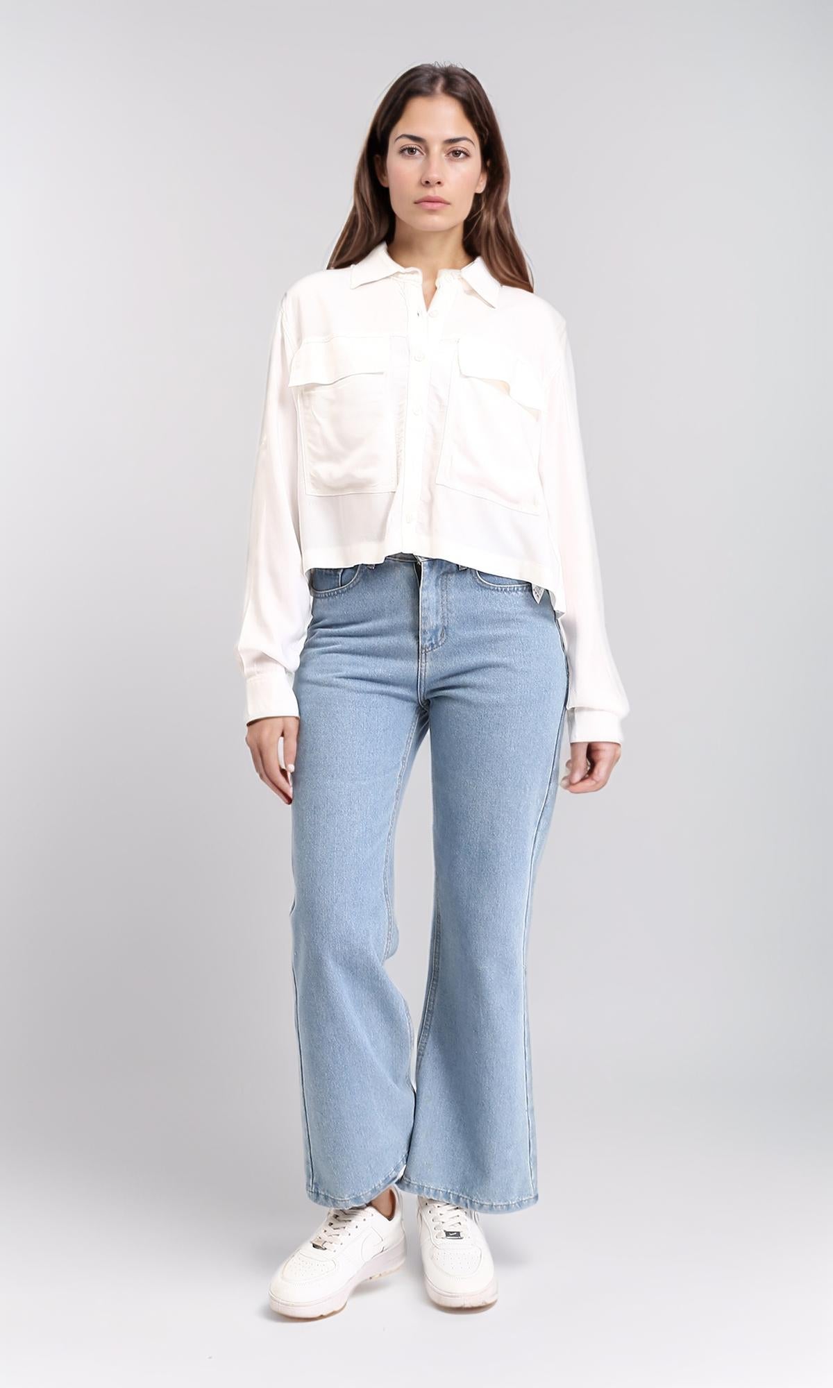 R209121 - Solid Short Shirt with Front Pockets - Off-White