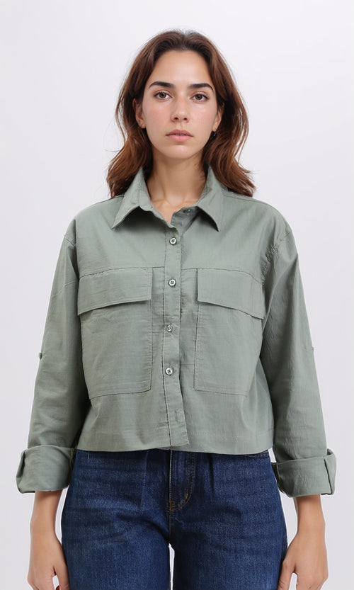 R209122 - Solid Short Shirt with Front Pockets - Dark Olive