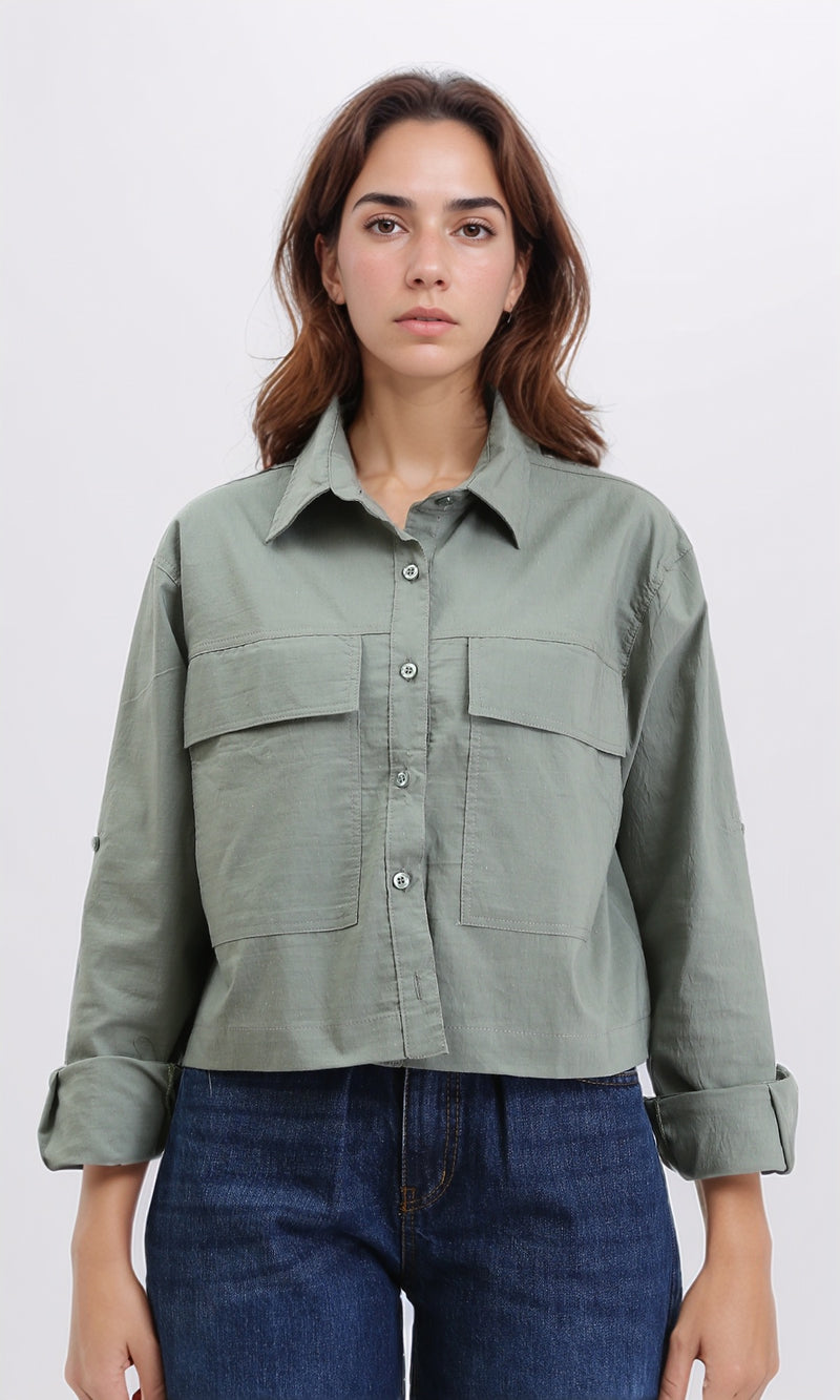 R209122 - Solid Short Shirt with Front Pockets - Dark Olive