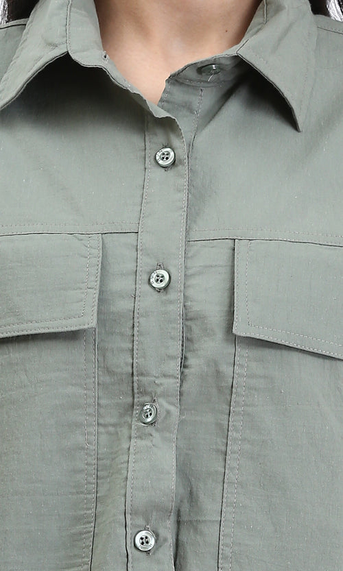 R209122 - Solid Short Shirt with Front Pockets - Dark Olive