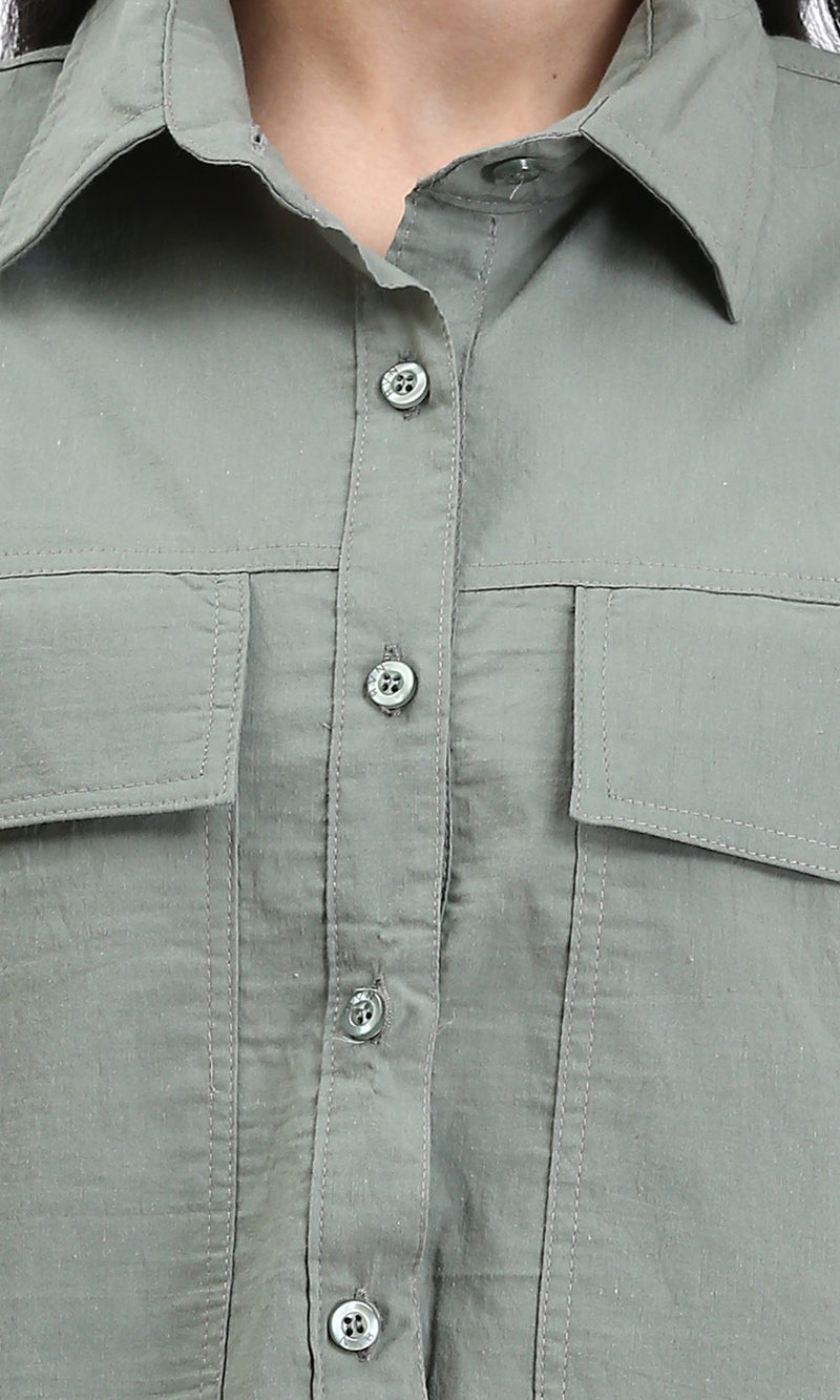 R209122 - Solid Short Shirt with Front Pockets - Dark Olive