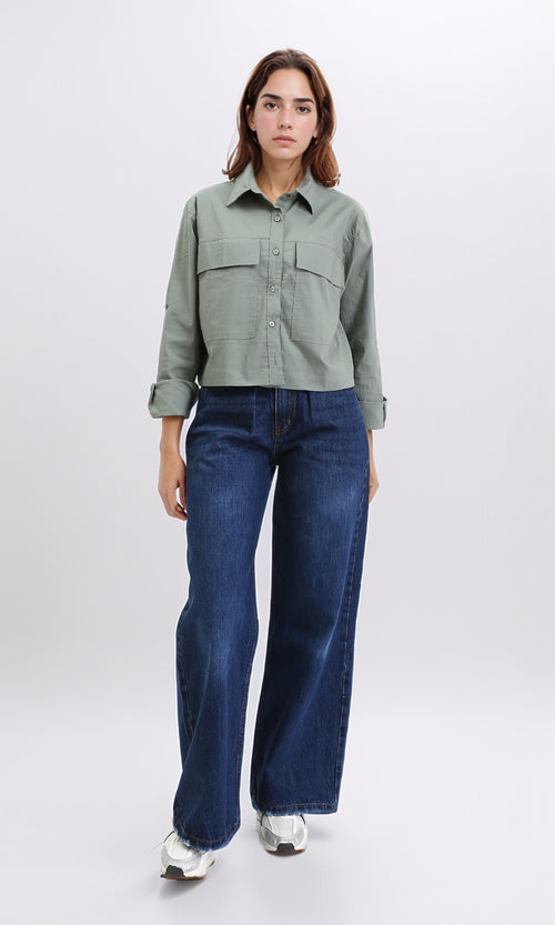 R209122 - Solid Short Shirt with Front Pockets - Dark Olive