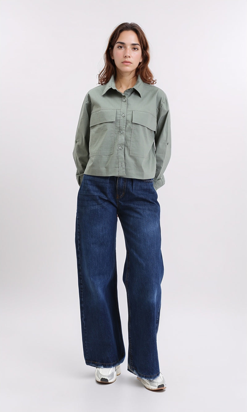 R209122 - Solid Short Shirt with Front Pockets - Dark Olive