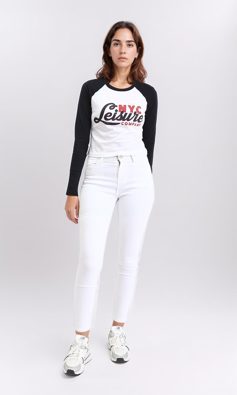 R209126 - Bi-Tone Long Sleeves Printed Tee - Black & White