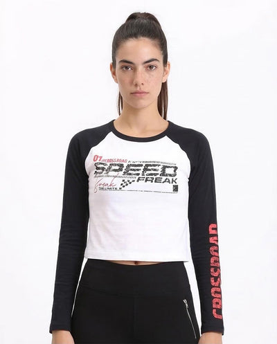 Woman wearing a black and white long-sleeve shirt with 'Speed Freak' text on a white background