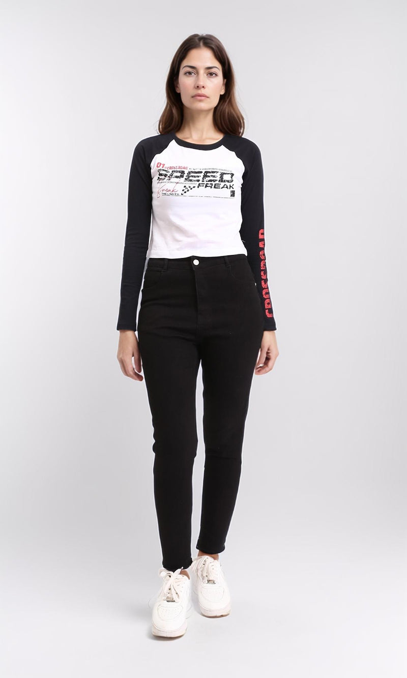 R209127 - Long Sleeves Printed Bi-Tone Tee - Black & White