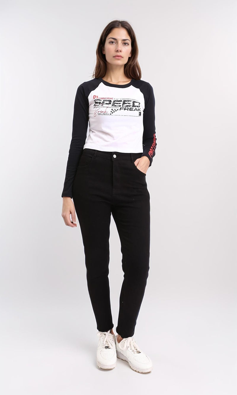 R209127 - Long Sleeves Printed Bi-Tone Tee - Black & White