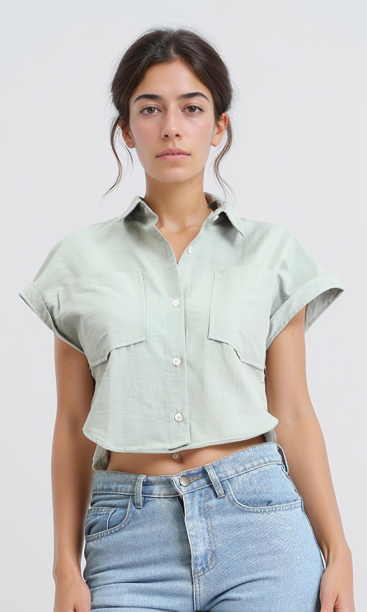 Roll-Up Cap Sleeves Short Shirt - Pastel Mint