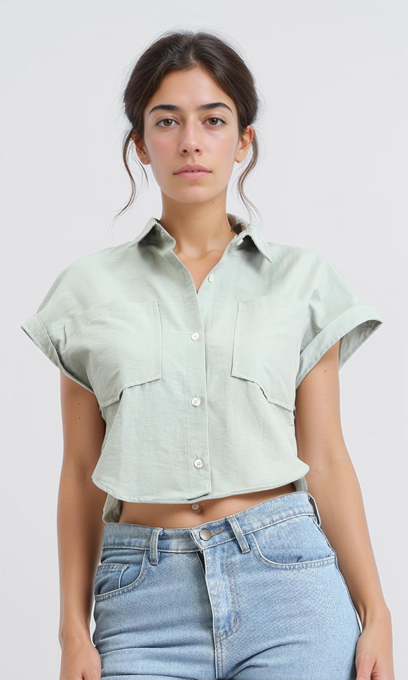 R209129 - Roll-Up Cap Sleeves Short Shirt - Pastel Mint