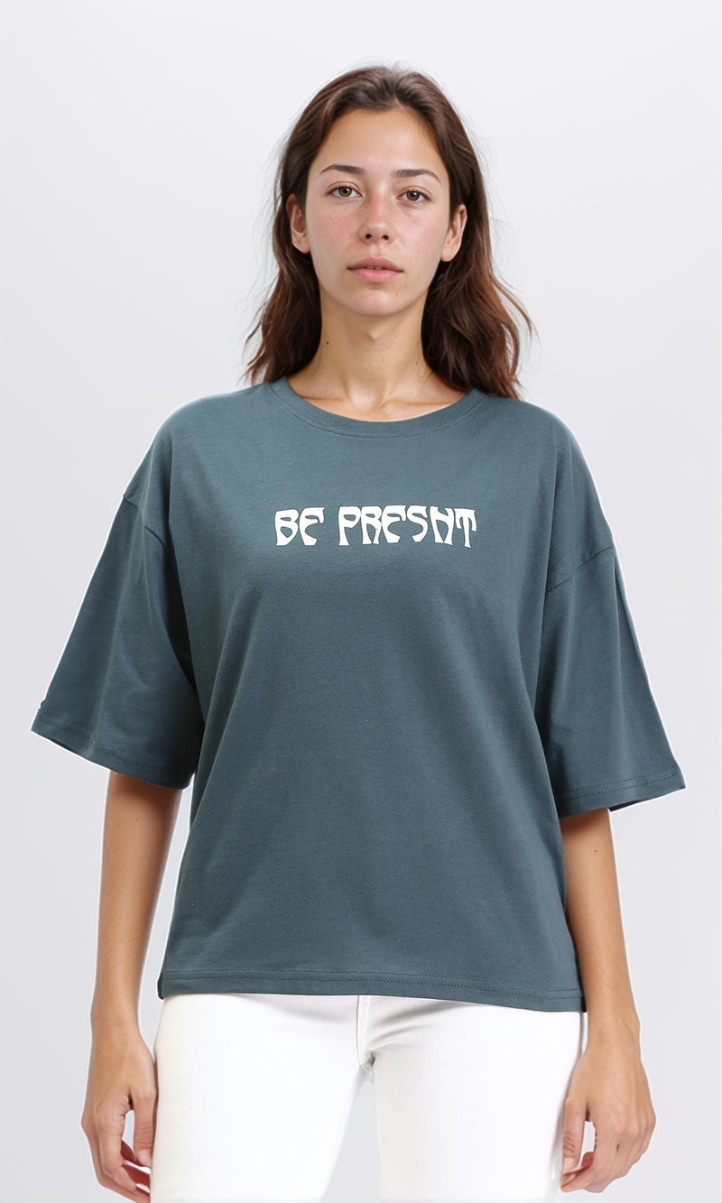 R209130 - Printed Slip On Cotton Tee - Light Teal