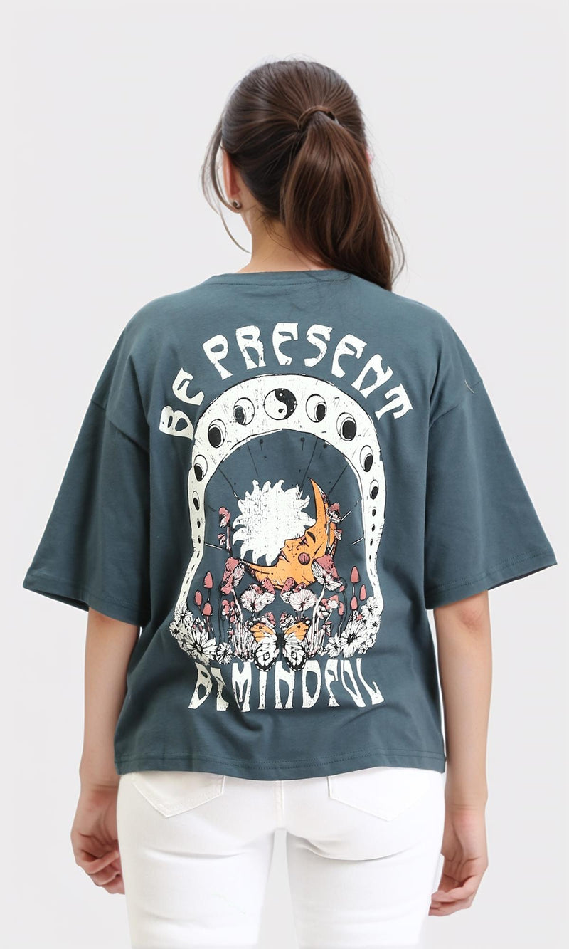 R209130 - Printed Slip On Cotton Tee - Light Teal