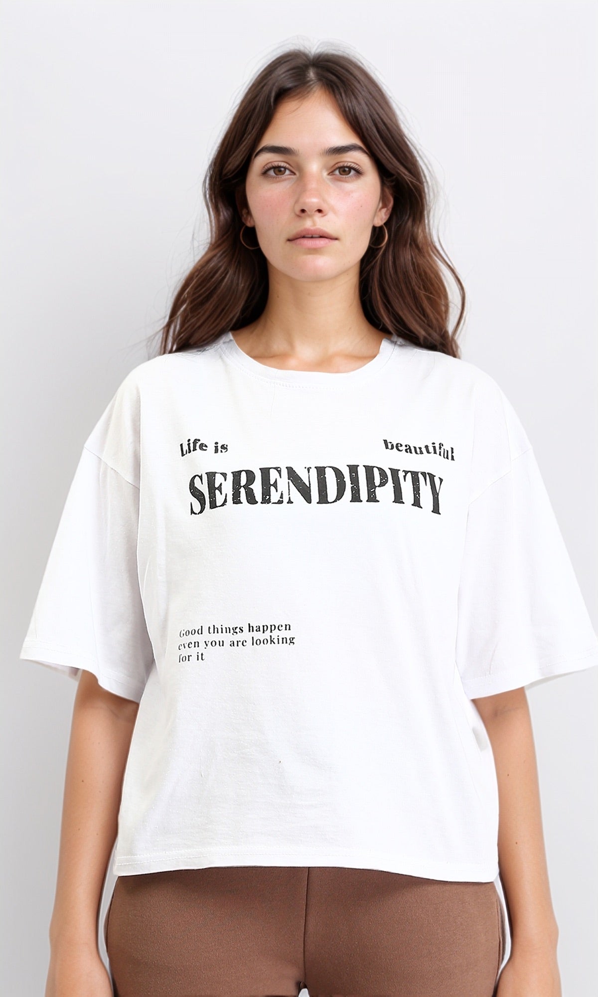 Printed "serendipity" Elbow Sleeves Tee - White