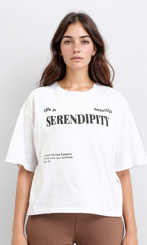 Printed "serendipity" Elbow Sleeves Tee - White