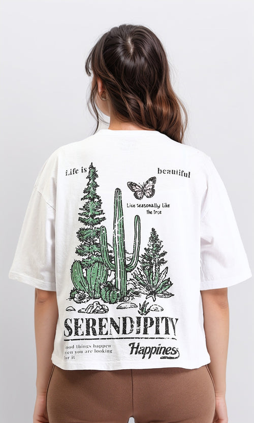 R209131 - Printed "Serendipity" Elbow Sleeves Tee - White