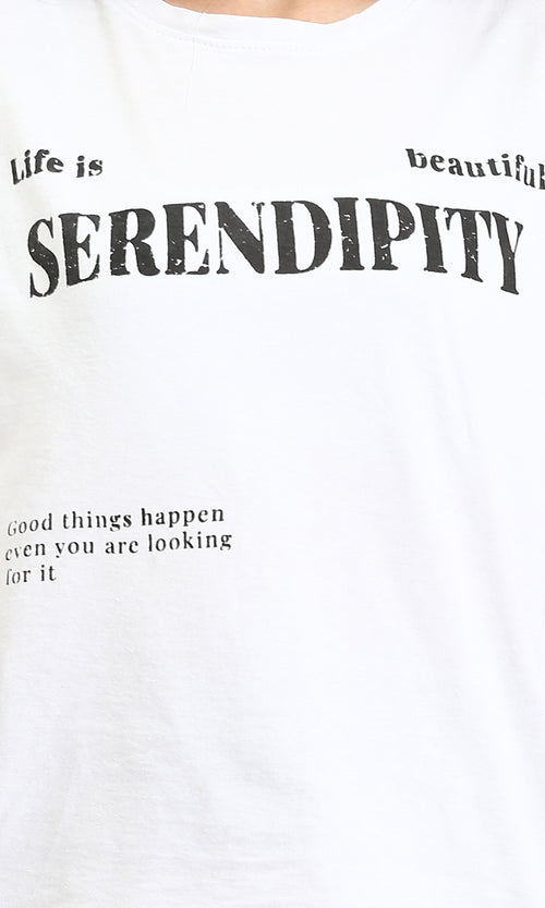 R209131 - Printed "Serendipity" Elbow Sleeves Tee - White