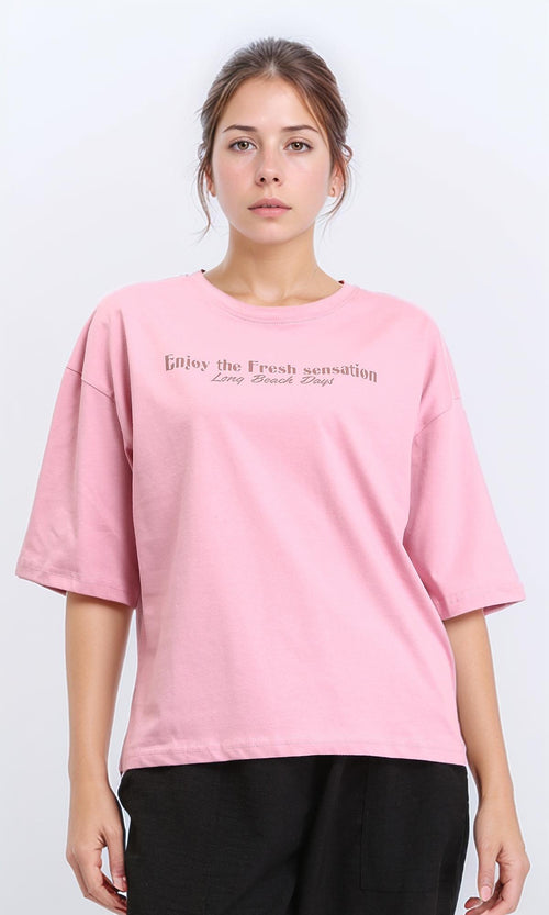 R209132 - Elbow Sleeves Printed Cotton Tee - Dusty Rose