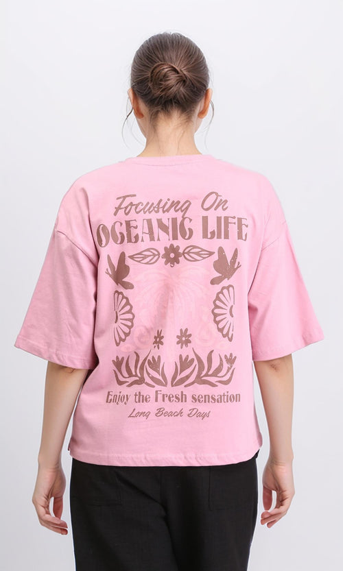 R209132 - Elbow Sleeves Printed Cotton Tee - Dusty Rose