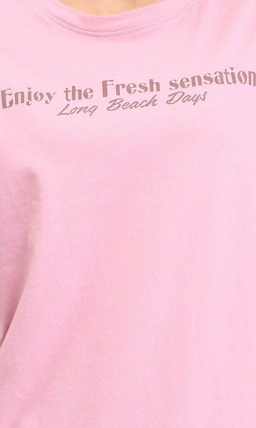 R209132 - Elbow Sleeves Printed Cotton Tee - Dusty Rose