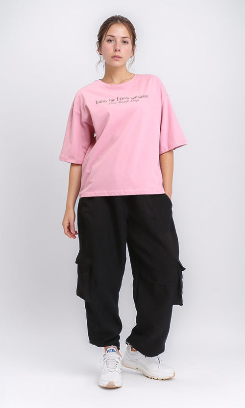 R209132 - Elbow Sleeves Printed Cotton Tee - Dusty Rose