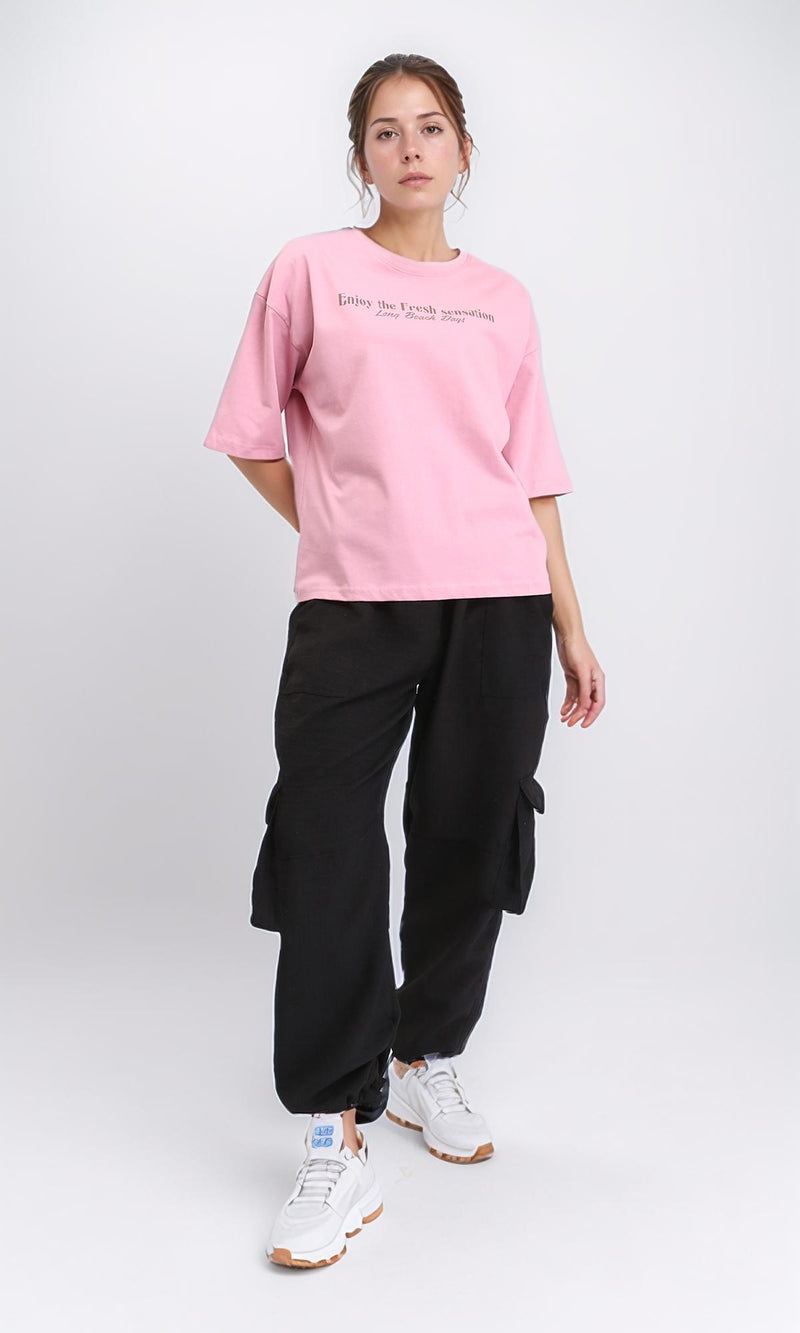 R209132 - Elbow Sleeves Printed Cotton Tee - Dusty Rose