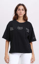 R209134 - Printed Slip On Elbow Sleeves Tee - Black
