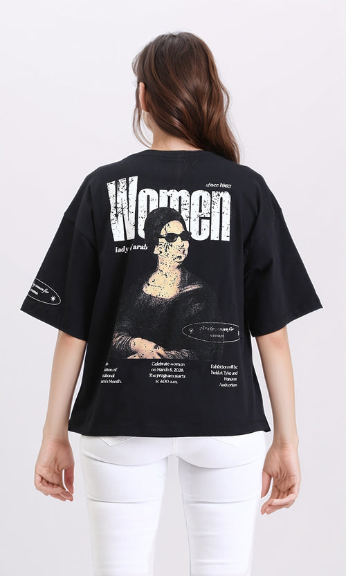 R209134 - Printed Slip On Elbow Sleeves Tee - Black