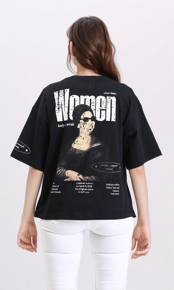 R209134 - Printed Slip On Elbow Sleeves Tee - Black