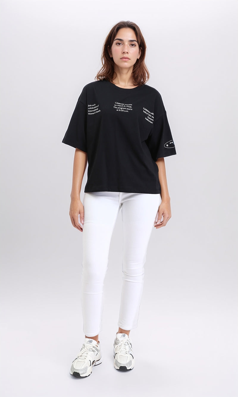 R209134 - Printed Slip On Elbow Sleeves Tee - Black