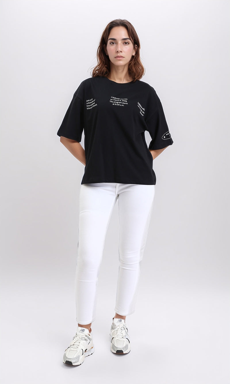 R209134 - Printed Slip On Elbow Sleeves Tee - Black